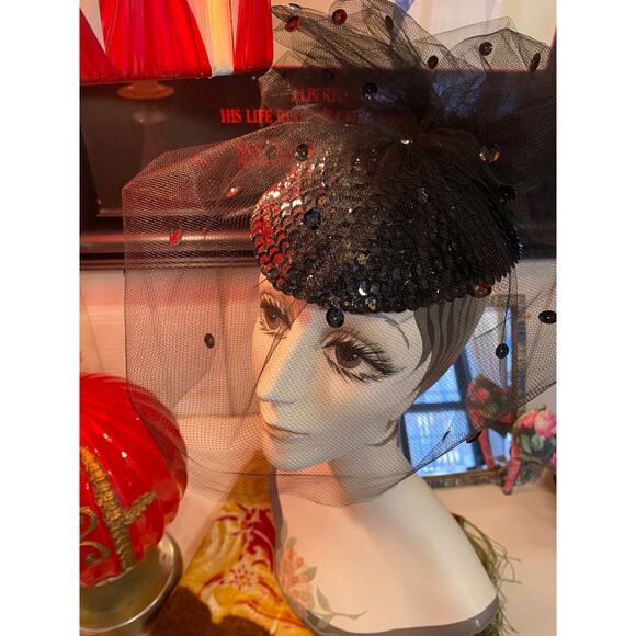 vintage 1980s black sequin fascinator 80s hat with veil avant garde holiday nye - Picture 3 of 8